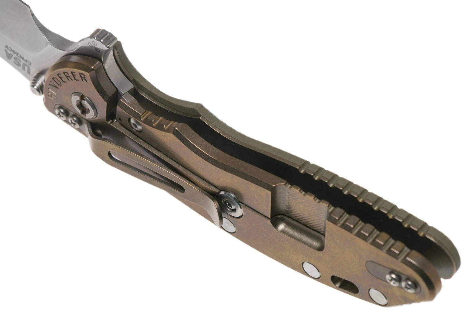 Rick Hinderer XM-24 4” Bowie, CPM 20CV, Stonewashed Bronze, OD Green G10 Couteau De Poche 7 Rick Hinderer XM-24 4” Bowie, CPM 20CV, Stonewashed Bronze, OD Green G10 Couteau De Poche – Image 5