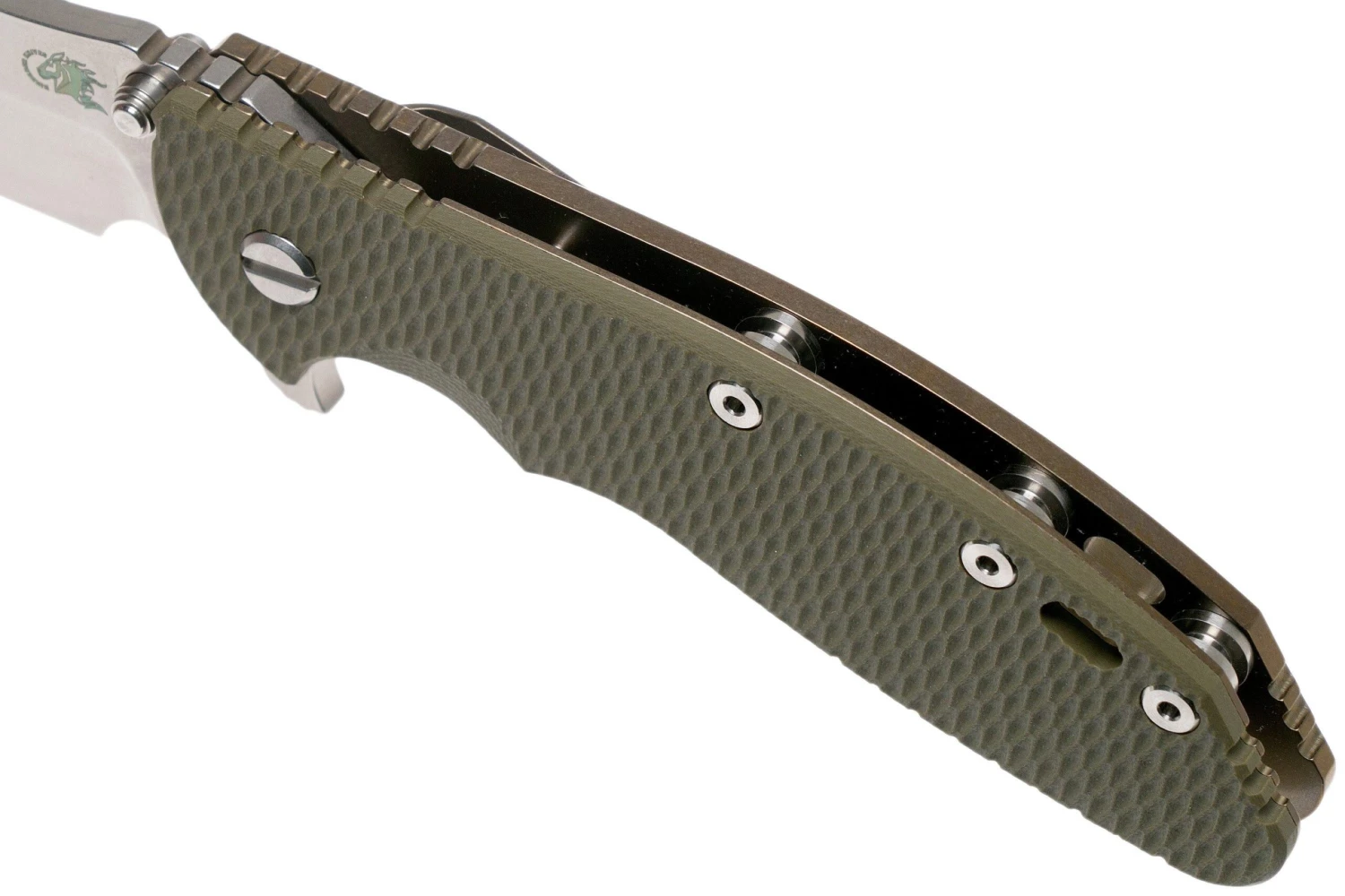 Rick Hinderer XM-24 4” Bowie, CPM 20CV, Stonewashed Bronze, OD Green G10 Couteau De Poche 9 Rick Hinderer XM-24 4” Bowie, CPM 20CV, Stonewashed Bronze, OD Green G10 Couteau De Poche – Image 7